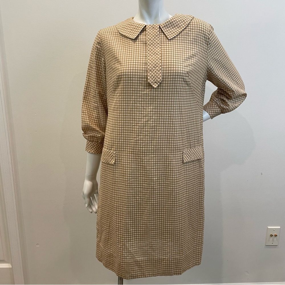 VINTAGE STACY AMES Tan & White Gingham 60s Mod Shift Dress